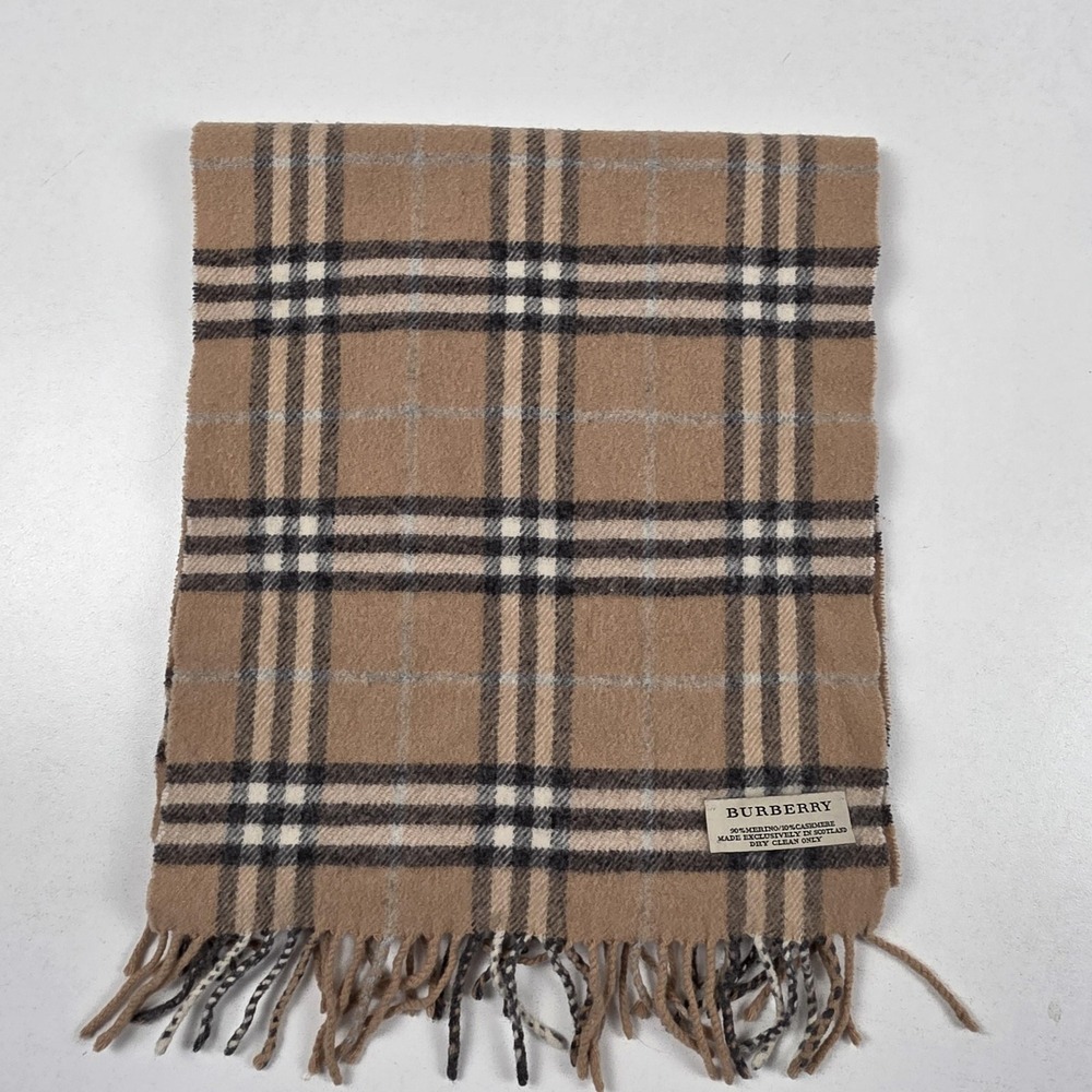 Burberry Scarf Womens One Size Beige Check Merino Wool Cashmere Fringe Scotland